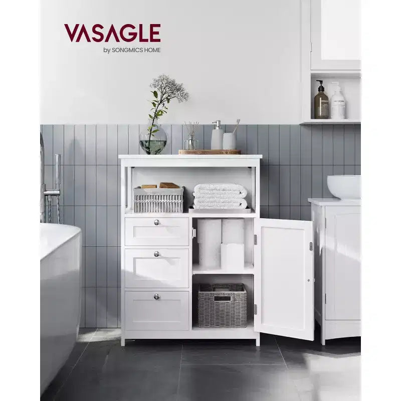 Meuble de Rangement au Sol VASAGLE, Unité de Rangement avec 3 Tiroirs, Meuble Autoportant, Étagère Réglable, Blanc