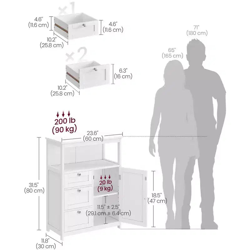 Meuble de Rangement au Sol VASAGLE, Unité de Rangement avec 3 Tiroirs, Meuble Autoportant, Étagère Réglable, Blanc