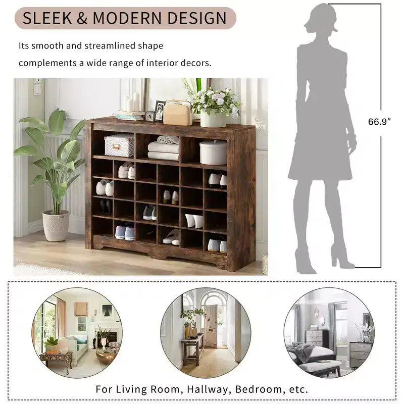 Meuble de rangement pour chaussures moderne à 24 casiers, meuble à chaussures autoportant, organisateur de chaussures en bois avec base incurvée pour entrée, couloir, salon