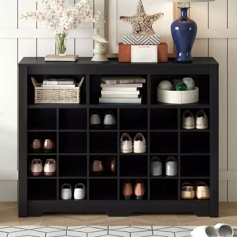 Meuble de rangement pour chaussures moderne à 24 casiers, meuble à chaussures autoportant, organisateur de chaussures en bois avec base incurvée pour entrée, couloir, salon