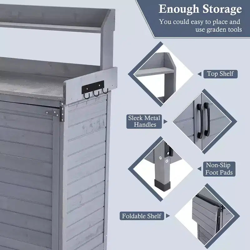 Garvee Table de rempotage d'extérieur avec armoire de rangement, Établi avec étagère de rangement et plateau galvanisé, Gris
