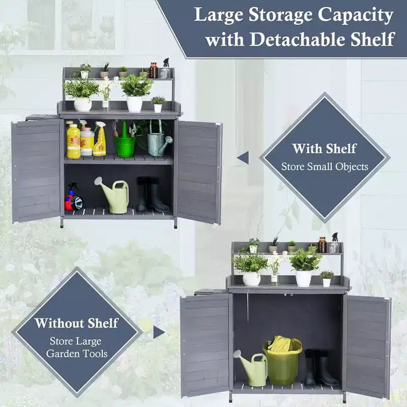 Garvee Table de rempotage d'extérieur avec armoire de rangement, Établi avec étagère de rangement et plateau galvanisé, Gris