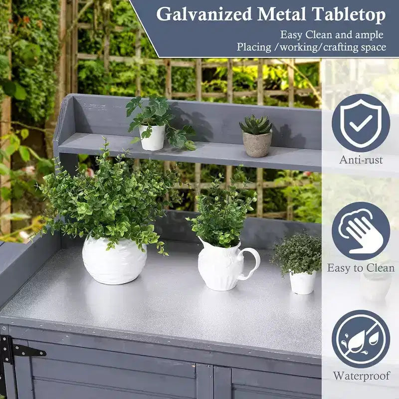 Garvee Table de rempotage d'extérieur avec armoire de rangement, Établi avec étagère de rangement et plateau galvanisé, Gris