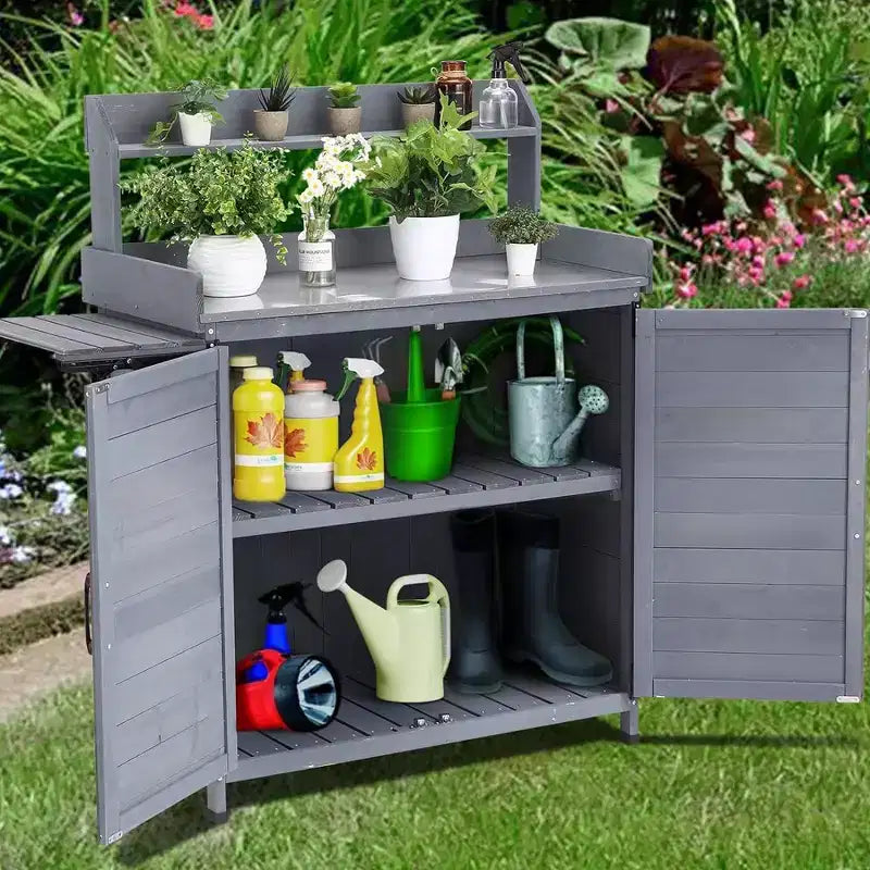 Garvee Table de rempotage d'extérieur avec armoire de rangement, Établi avec étagère de rangement et plateau galvanisé, Gris