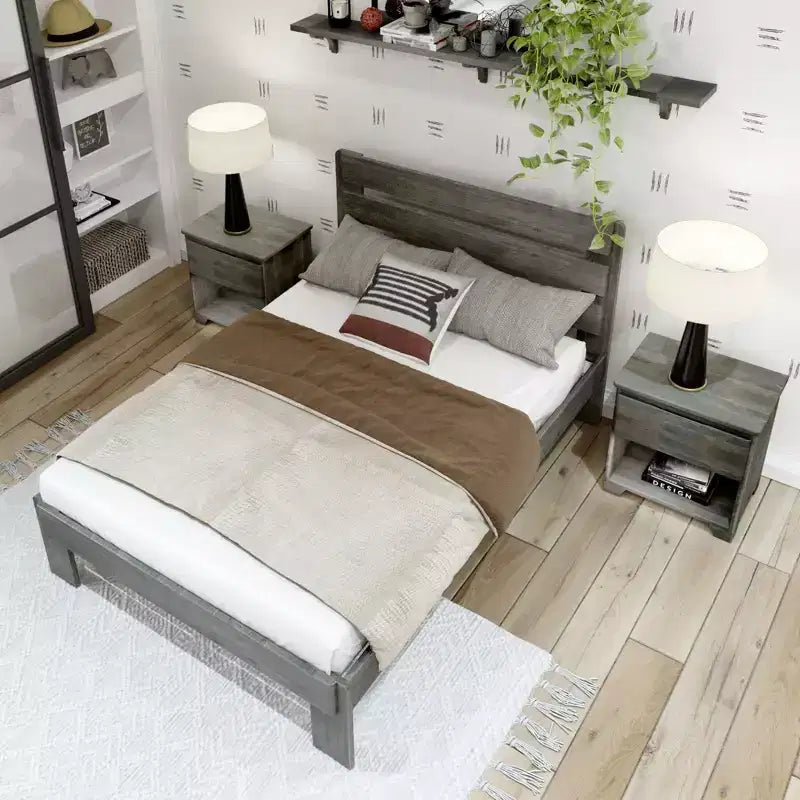 Cadre de lit double Plank+Beam Farmhouse avec tête de lit en planches, lit plateforme en bois massif