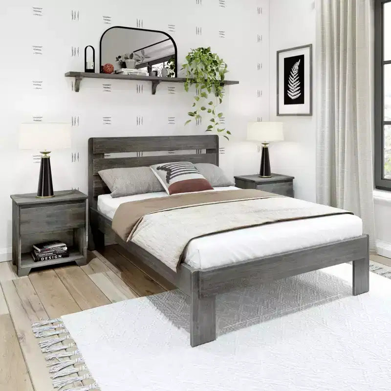 Cadre de lit double Plank+Beam Farmhouse avec tête de lit en planches, lit plateforme en bois massif