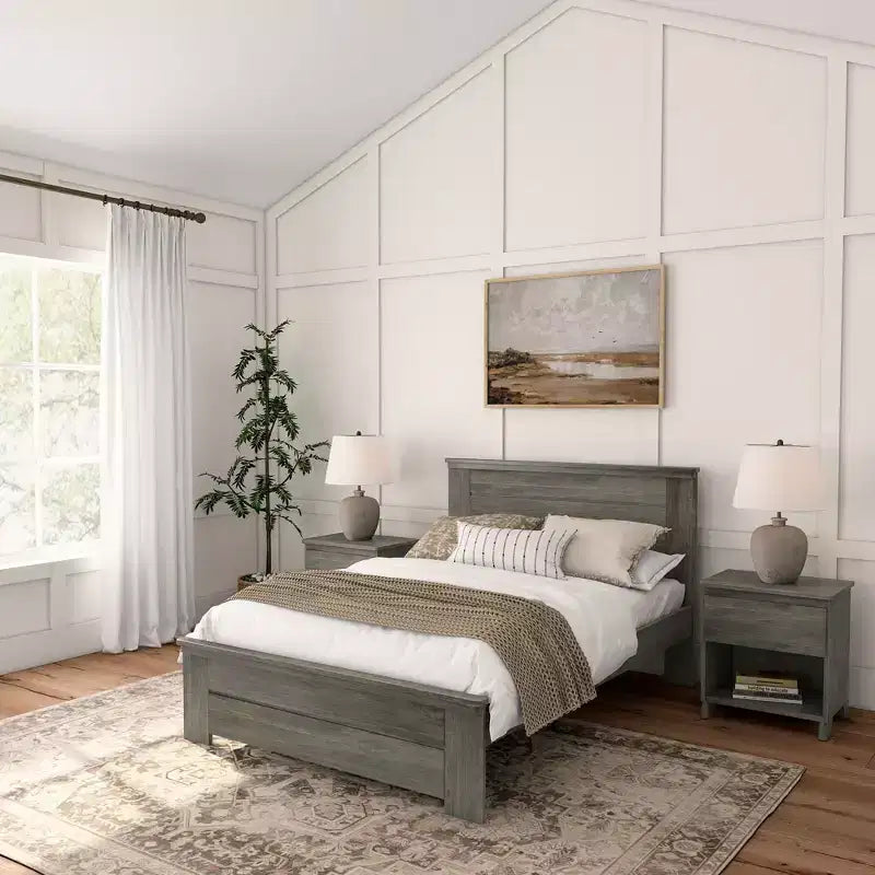 Lit double Plank+Beam Farmhouse avec tête de lit, plateforme en bois massif