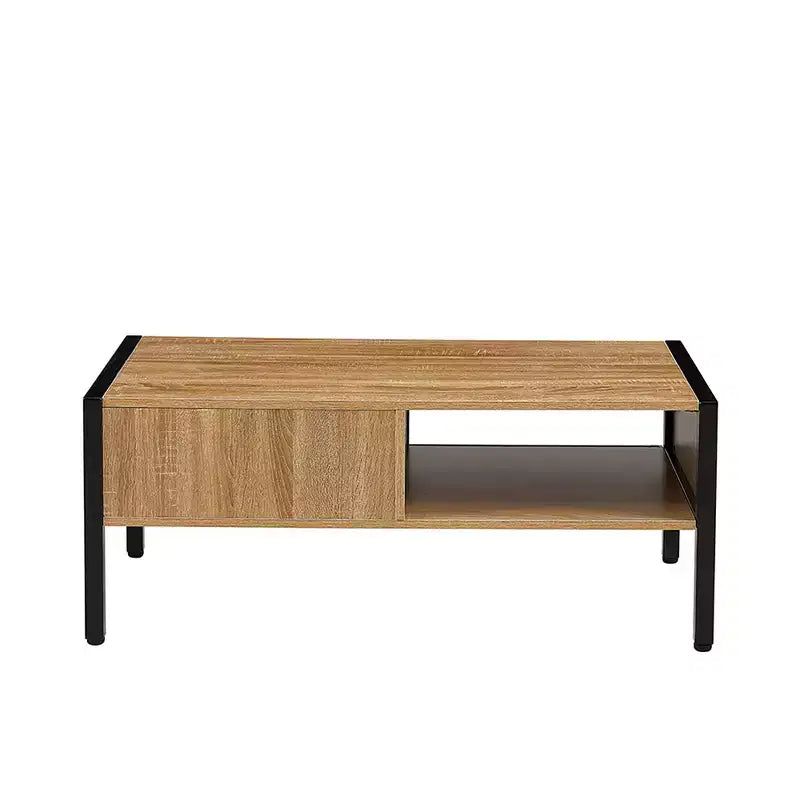 Table basse en rotin avec rangement à porte coulissante, pieds en métal, tables basses bohème pour salon 102 x 54 x 42 cm