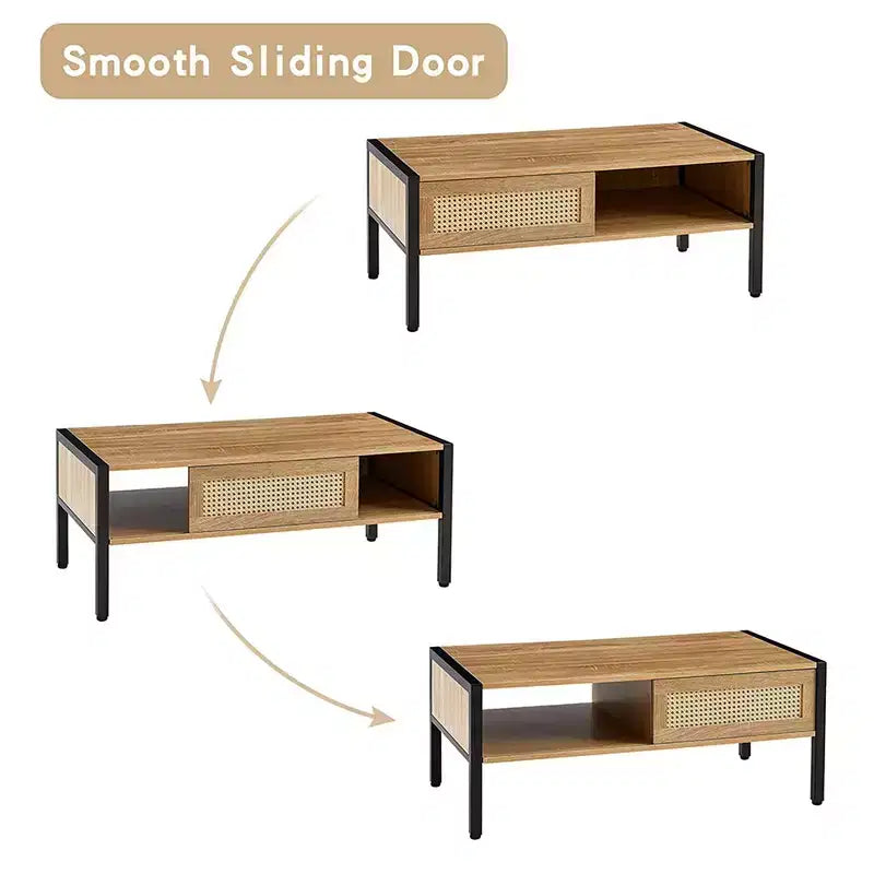 Table basse en rotin avec rangement à porte coulissante, pieds en métal, tables basses bohème pour salon 102 x 54 x 42 cm