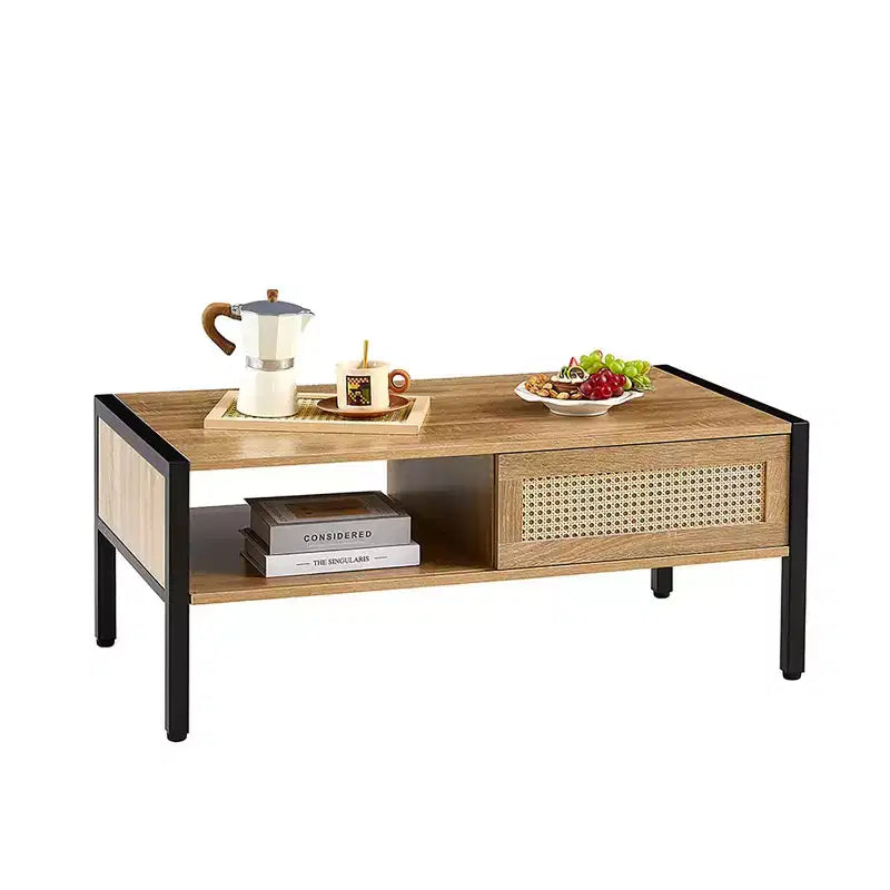 Table basse en rotin avec rangement à porte coulissante, pieds en métal, tables basses bohème pour salon 102 x 54 x 42 cm