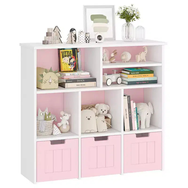 Toy Storage Cabinet, Kids Toy Shelf, Bookshelf with Hidden Wheels, 3 Removable Drawers for Bedroom, Playroom and Nursery, White Pink
