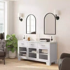 Flash Furniture Wells, buffet de cuisine et de salle à manger moderne, meuble de rangement en bois composite avec 3 portes en verre trempé et 3 tiroirs
