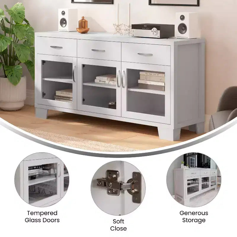 Flash Furniture Wells, buffet de cuisine et de salle à manger moderne, meuble de rangement en bois composite avec 3 portes en verre trempé et 3 tiroirs