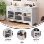 Flash Furniture Wells, buffet de cuisine et de salle à manger moderne, meuble de rangement en bois composite avec 3 portes en verre trempé et 3 tiroirs