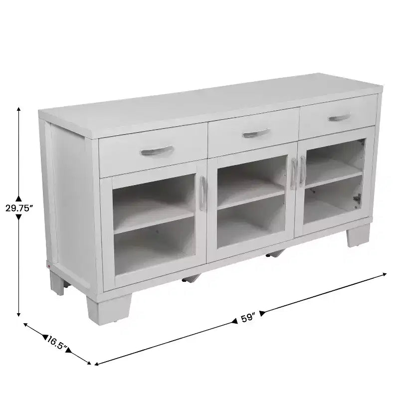 Flash Furniture Wells, buffet de cuisine et de salle à manger moderne, meuble de rangement en bois composite avec 3 portes en verre trempé et 3 tiroirs