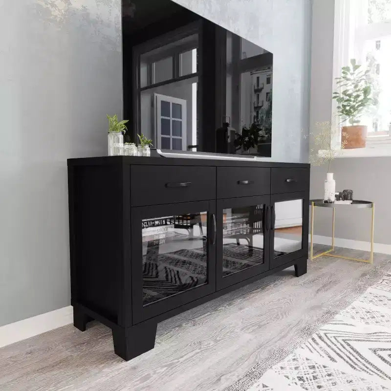 Flash Furniture Wells, buffet de cuisine et de salle à manger moderne, meuble de rangement en bois composite avec 3 portes en verre trempé et 3 tiroirs