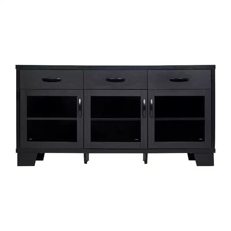 Flash Furniture Wells, buffet de cuisine et de salle à manger moderne, meuble de rangement en bois composite avec 3 portes en verre trempé et 3 tiroirs