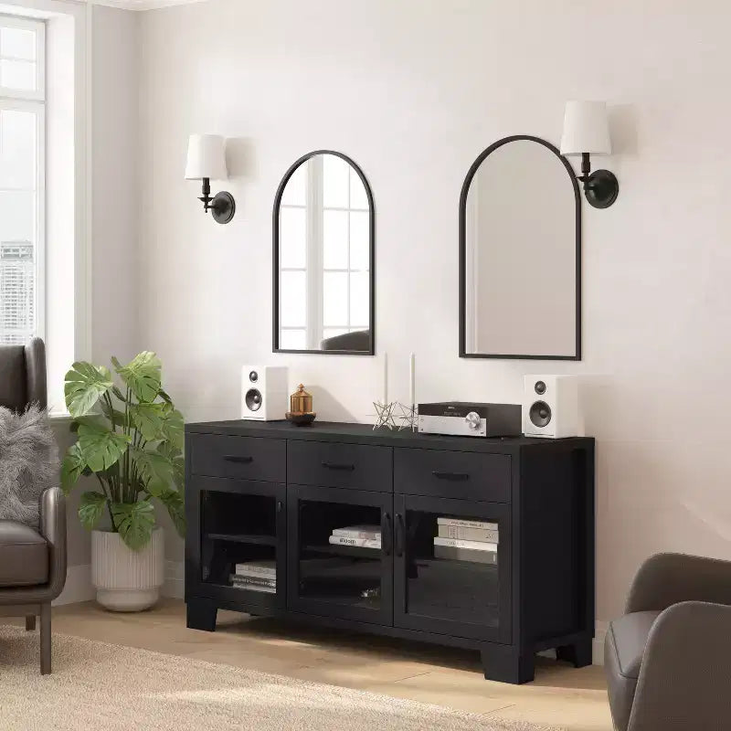 Flash Furniture Wells, buffet de cuisine et de salle à manger moderne, meuble de rangement en bois composite avec 3 portes en verre trempé et 3 tiroirs