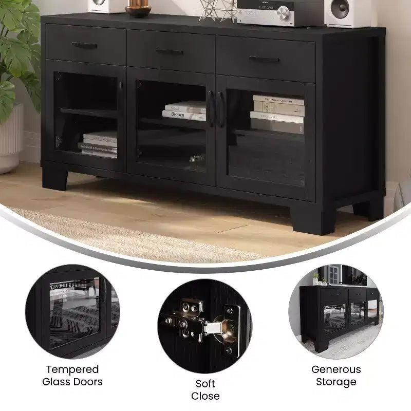 Flash Furniture Wells, buffet de cuisine et de salle à manger moderne, meuble de rangement en bois composite avec 3 portes en verre trempé et 3 tiroirs