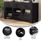 Flash Furniture Wells, buffet de cuisine et de salle à manger moderne, meuble de rangement en bois composite avec 3 portes en verre trempé et 3 tiroirs
