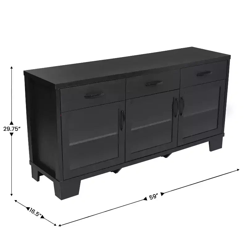 Flash Furniture Wells, buffet de cuisine et de salle à manger moderne, meuble de rangement en bois composite avec 3 portes en verre trempé et 3 tiroirs