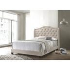 Lit capitonné demi-ailé beige avec passepoil clouté et pieds en bois noir – Bambin, Simple, Simple XL, Double, Queen ou King