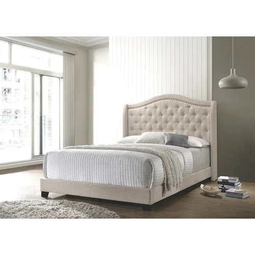 Lit capitonné demi-ailé beige avec passepoil clouté et pieds en bois noir – Bambin, Simple, Simple XL, Double, Queen ou King