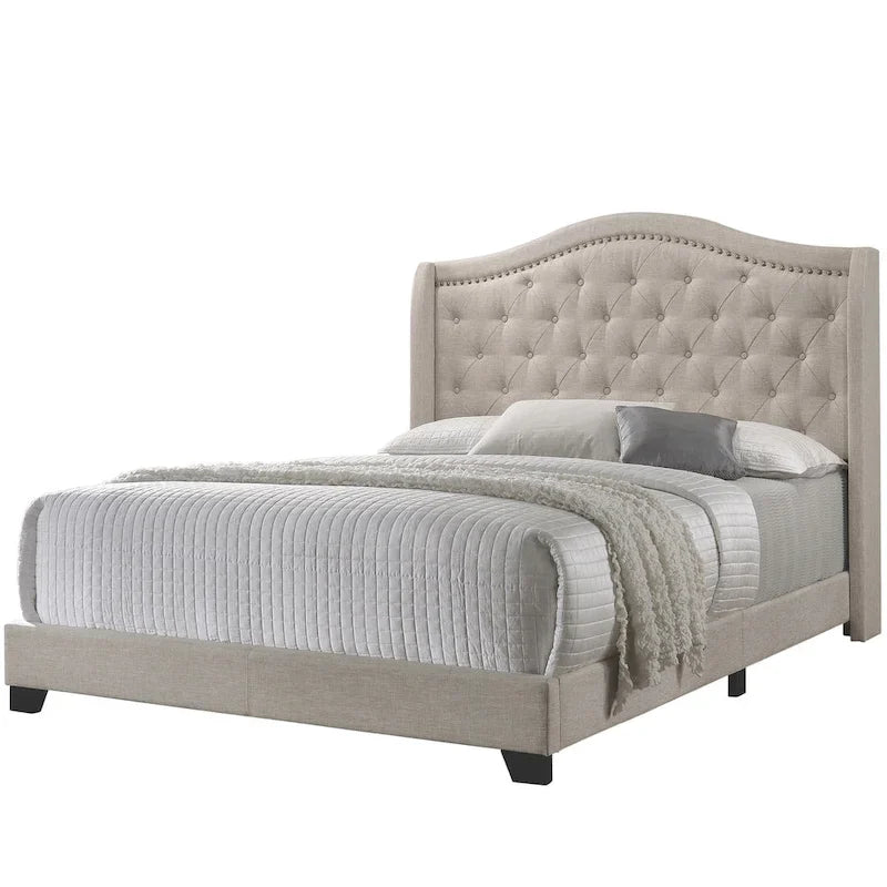Lit capitonné demi-ailé beige avec passepoil clouté et pieds en bois noir – Bambin, Simple, Simple XL, Double, Queen ou King