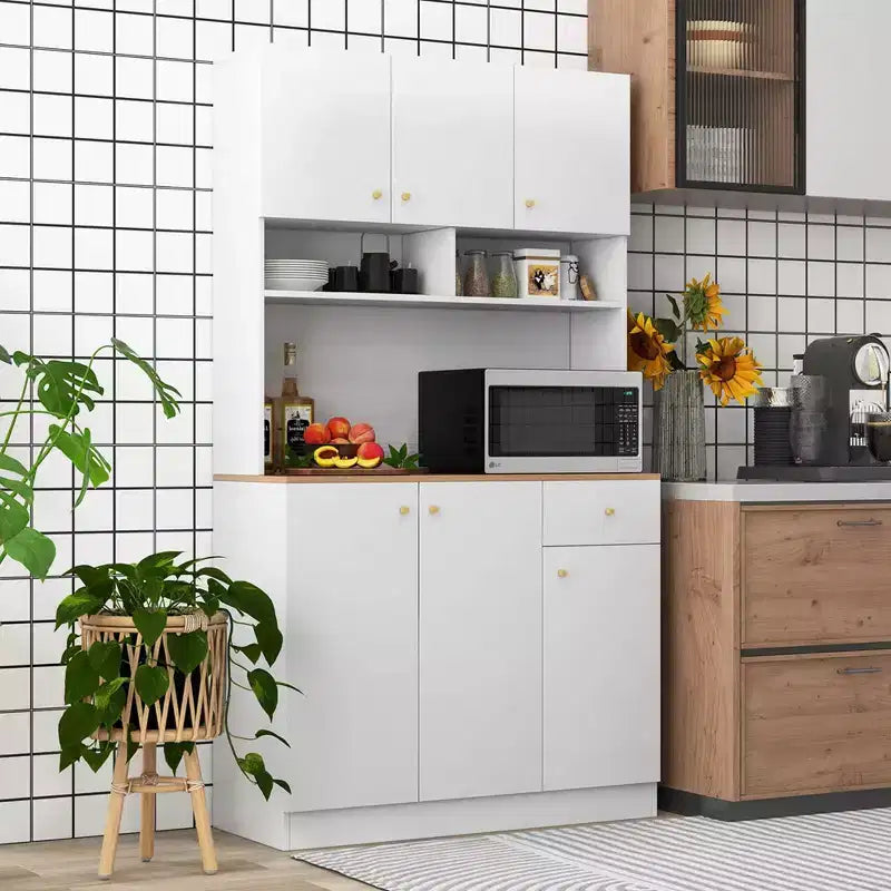 Meuble de rangement haut Costway de 180 cm avec prises, ports USB, kits anti-basculement et étagères réglables, blanc