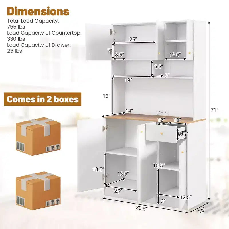 Meuble de rangement haut Costway de 180 cm avec prises, ports USB, kits anti-basculement et étagères réglables, blanc