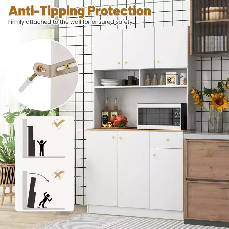 Meuble de rangement haut Costway de 180 cm avec prises, ports USB, kits anti-basculement et étagères réglables, blanc