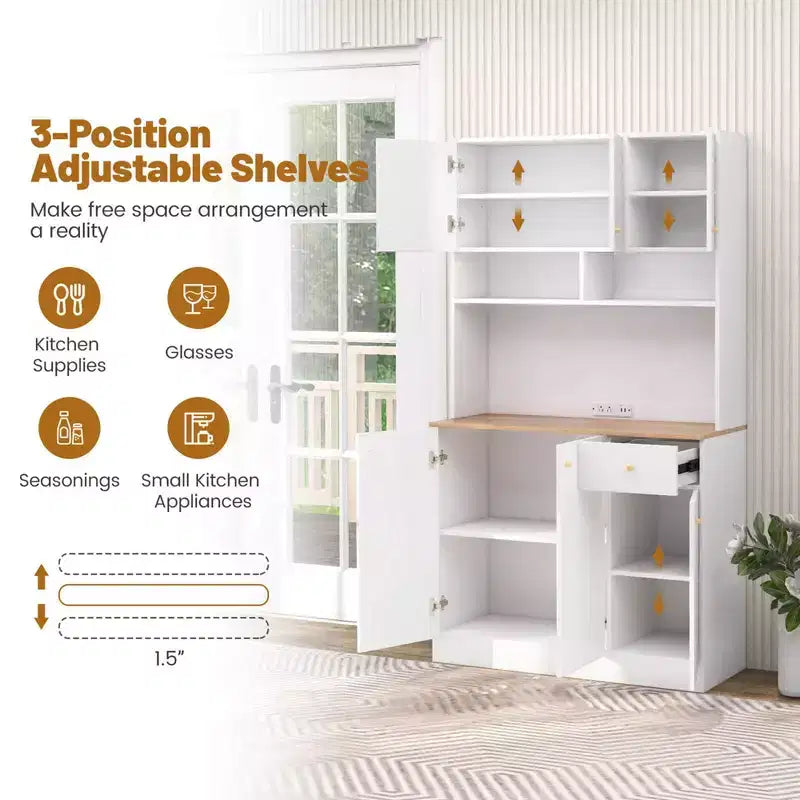 Meuble de rangement haut Costway de 180 cm avec prises, ports USB, kits anti-basculement et étagères réglables, blanc