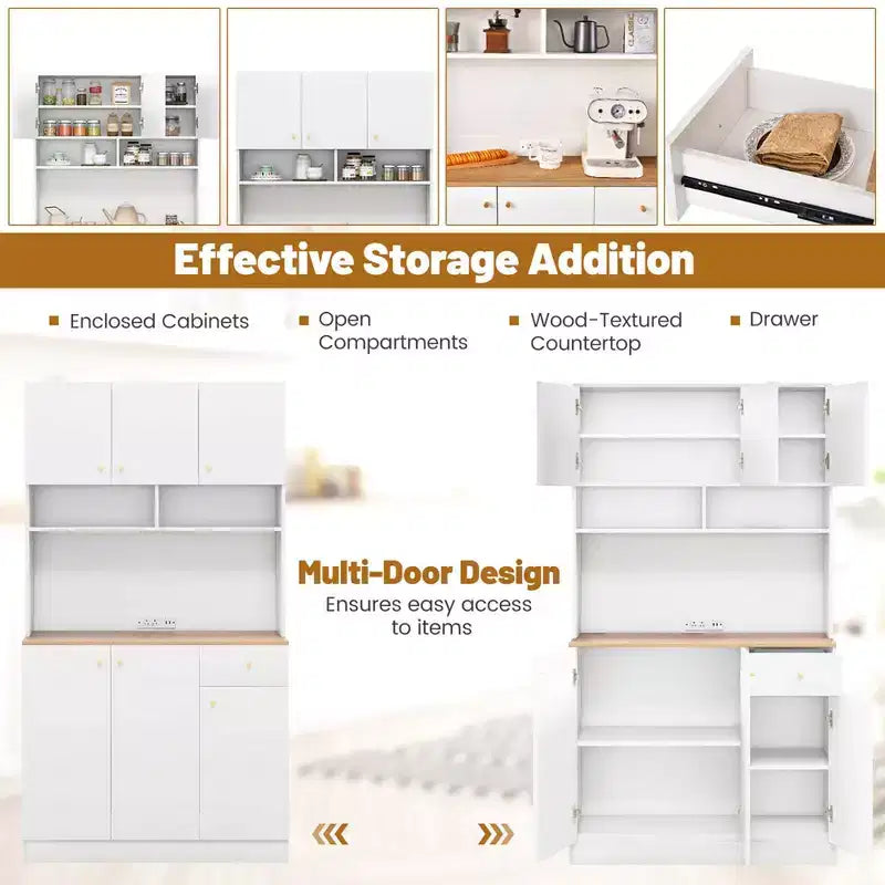 Meuble de rangement haut Costway de 180 cm avec prises, ports USB, kits anti-basculement et étagères réglables, blanc