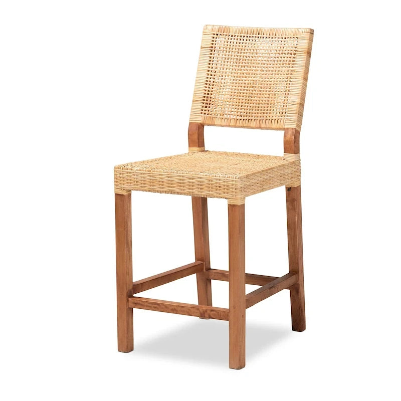 Tabouret de comptoir bohème en rotin et bois de manguier brun naturel / noyer – Siège unique
