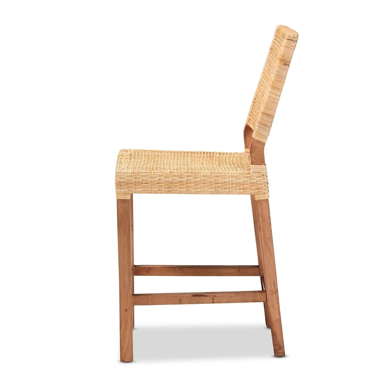 Tabouret de comptoir bohème en rotin et bois de manguier brun naturel / noyer – Siège unique