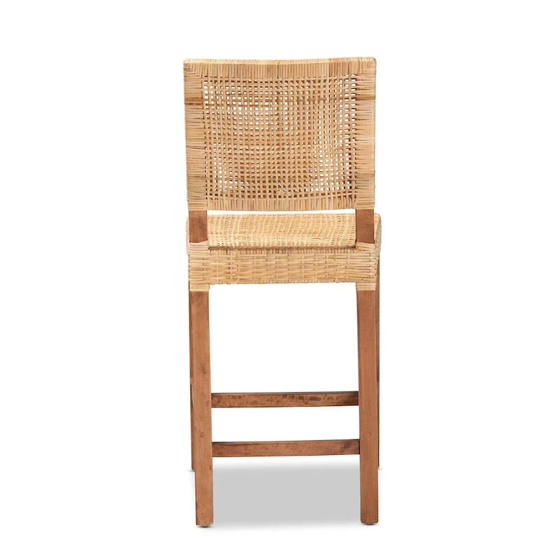 Tabouret de comptoir bohème en rotin et bois de manguier brun naturel / noyer – Siège unique