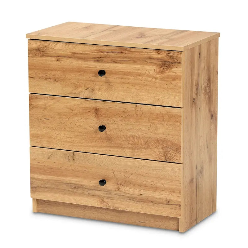 Commode de rangement moderne à 3 tiroirs brun chêne avec poignées en métal noir – Unité simple