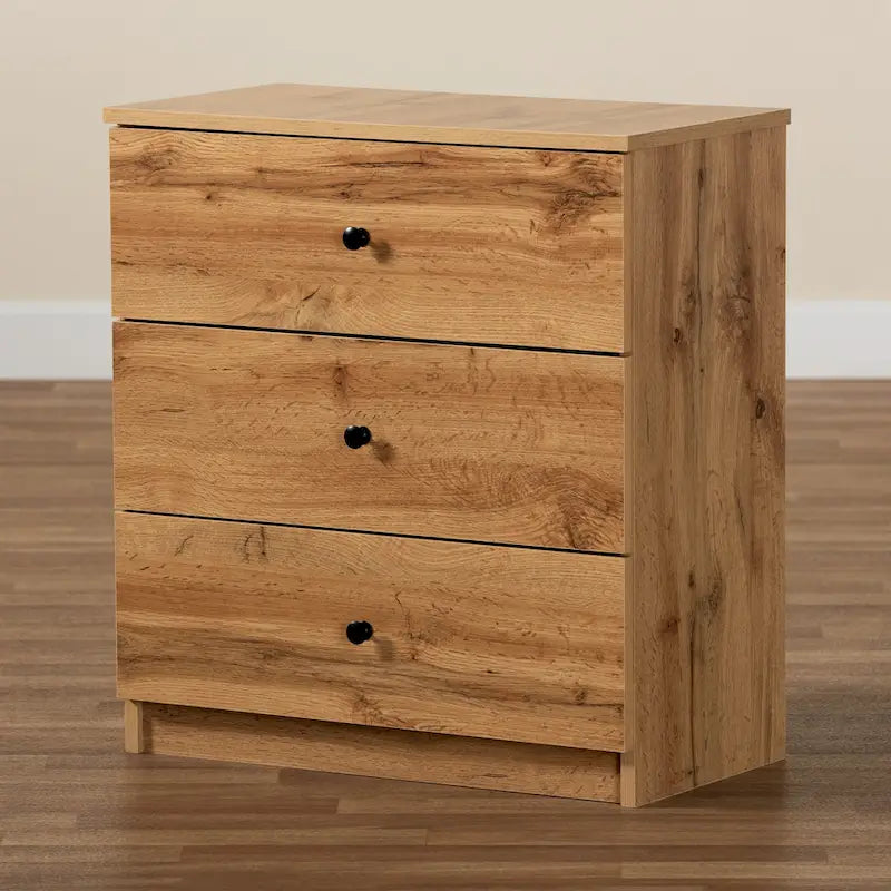 Commode de rangement moderne à 3 tiroirs brun chêne avec poignées en métal noir – Unité simple