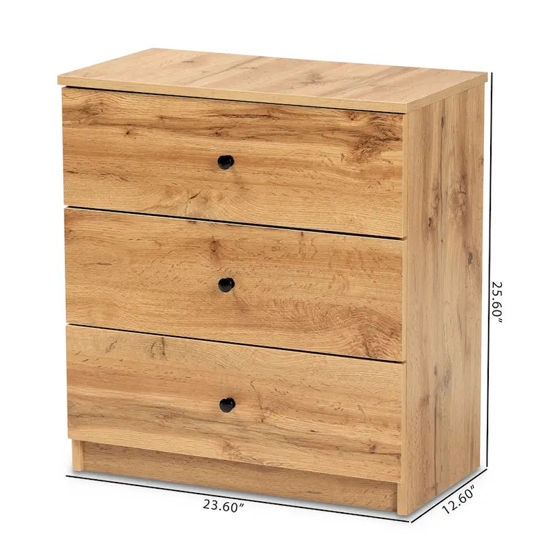 Commode de rangement moderne à 3 tiroirs brun chêne avec poignées en métal noir – Unité simple