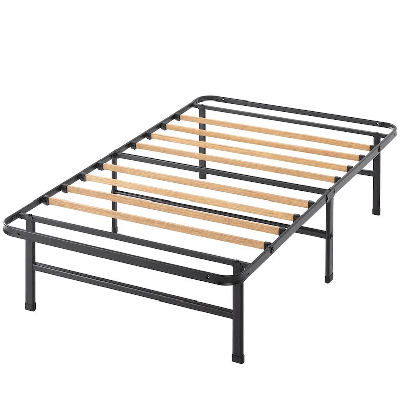 Cadre de lit plateforme en acier noir de 14 pouces avec lattes en bambou – Lit simple, lit simple XL, grand lit double, grand lit ou très grand lit