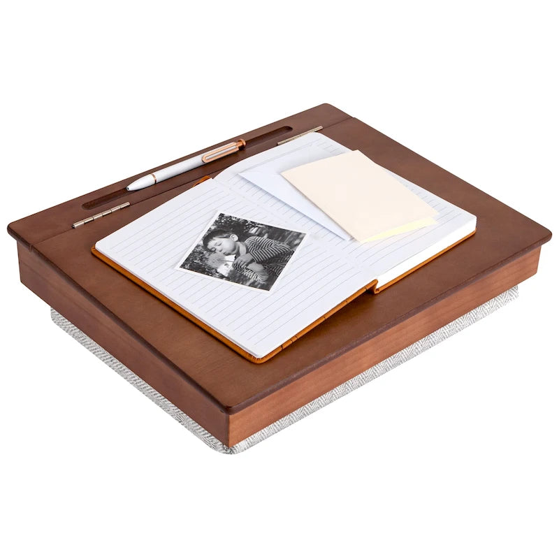 Écrit Java / Dessus en acacia naturel Style vintage avec rangement, porte-crayon et base coussinée – Une unité