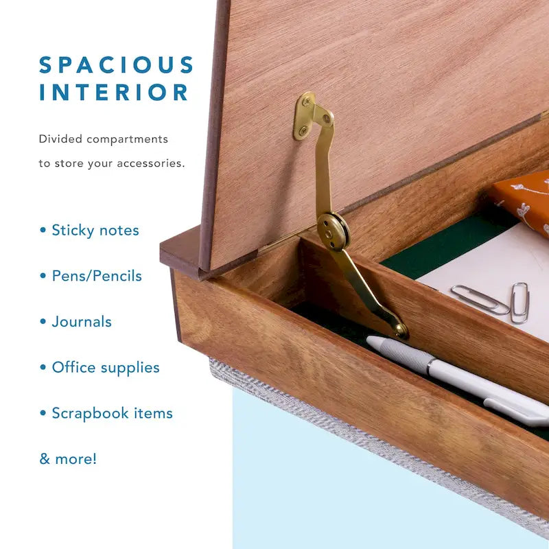 Écrit Java / Dessus en acacia naturel Style vintage avec rangement, porte-crayon et base coussinée – Une unité