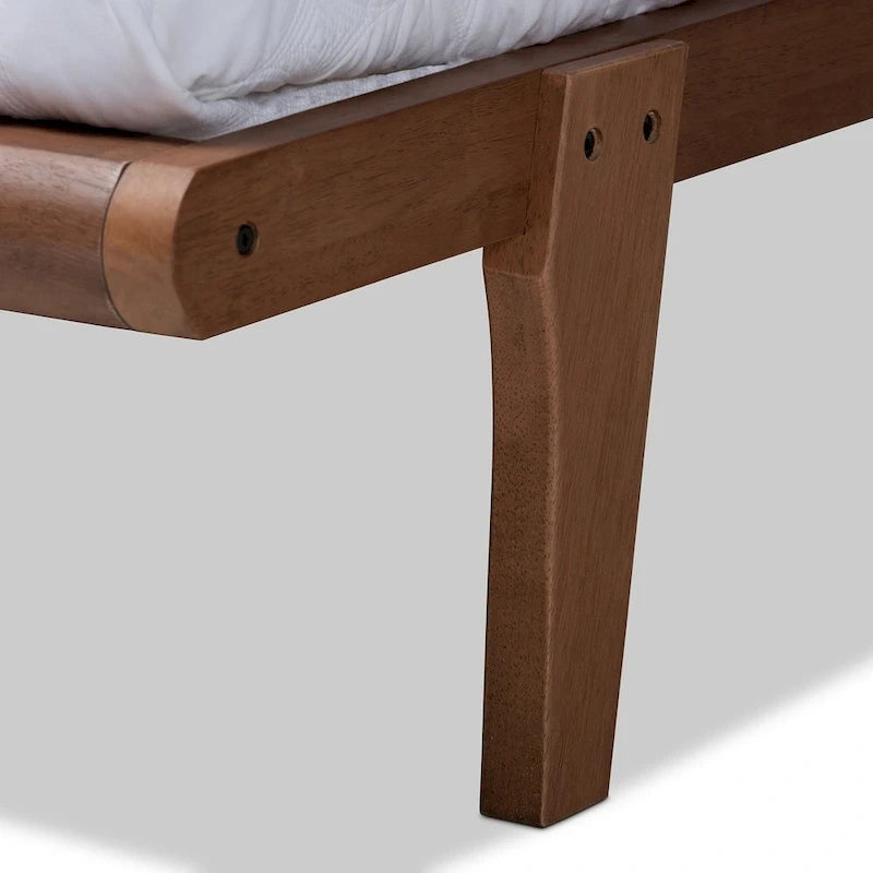 Cadre de lit plateforme en bois d'hévéa noyer brun de style Mid-Century avec pieds inclinés – Lit double, grand ou très grand