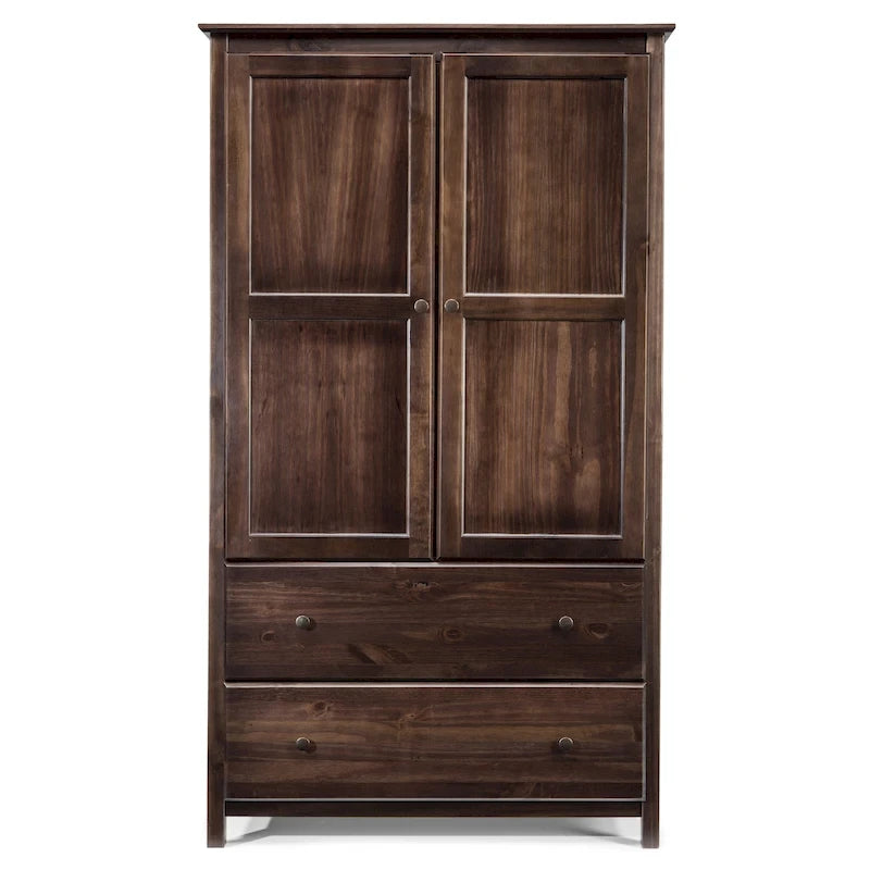 Armoire 2 portes avec 2 tiroirs et poignées métalliques en pin massif, coloris Expresso / Cerisier / Noyer – Meuble unique