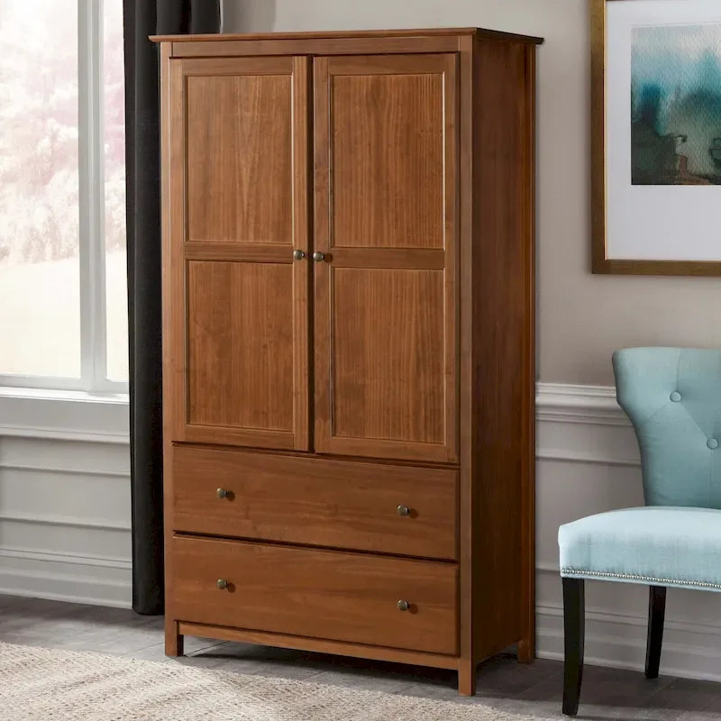 Armoire 2 portes avec 2 tiroirs et poignées métalliques en pin massif, coloris Expresso / Cerisier / Noyer – Meuble unique