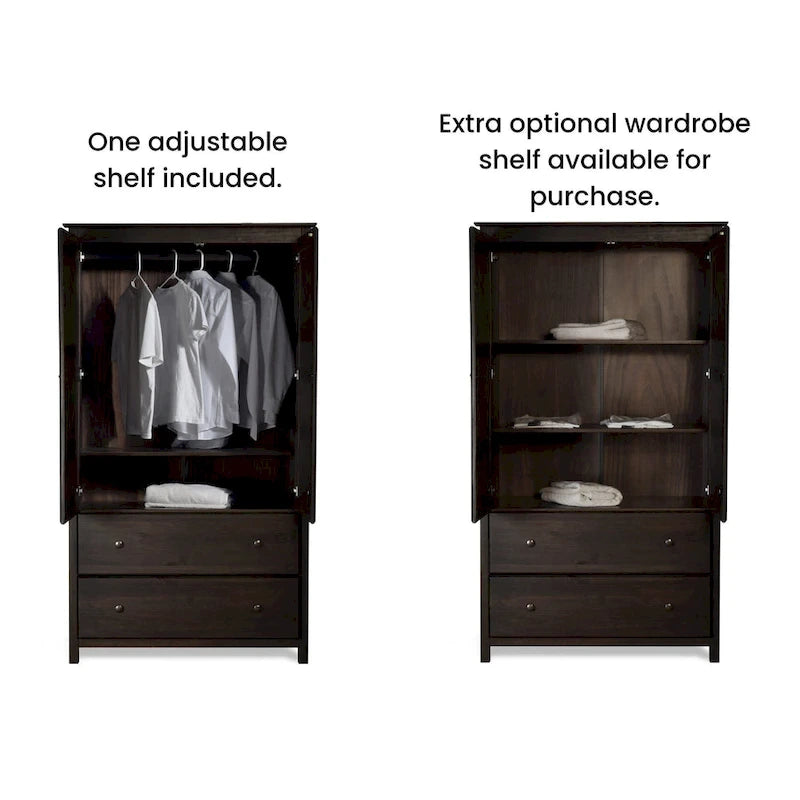 Armoire 2 portes avec 2 tiroirs et poignées métalliques en pin massif, coloris Expresso / Cerisier / Noyer – Meuble unique