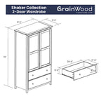 Armoire 2 portes avec 2 tiroirs et poignées métalliques en pin massif, coloris Expresso / Cerisier / Noyer – Meuble unique