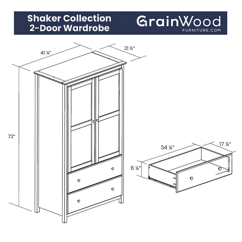 Armoire 2 portes avec 2 tiroirs et poignées métalliques en pin massif, coloris Expresso / Cerisier / Noyer – Meuble unique