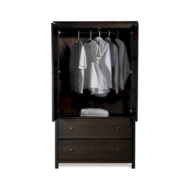 Armoire 2 portes avec 2 tiroirs et poignées métalliques en pin massif, coloris Expresso / Cerisier / Noyer – Meuble unique