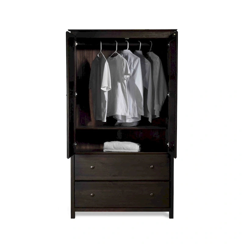 Armoire 2 portes avec 2 tiroirs et poignées métalliques en pin massif, coloris Expresso / Cerisier / Noyer – Meuble unique